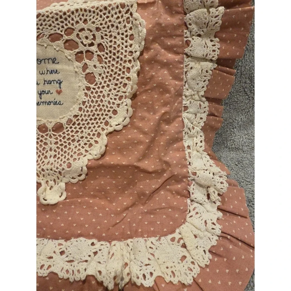 Square Pink Hearts Ruffled Pillow Case 16x16 Lace And Cross Stich Cottagecore